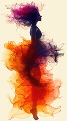 Beautiful abstract dancing woman silhouette in long dress made of colorful veil