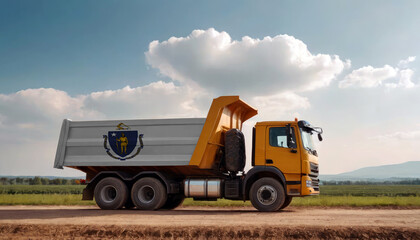 Fototapeta premium A truck adorned with the Massachusetts flag parked at a quarry, symbolizing American construction. Capturing the essence of building and development in the Massachusetts