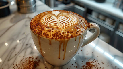 Wide panoramic background photo of beautiful white color cappuccino coffee cup on a rustic finished wooden table and chocolate powder around