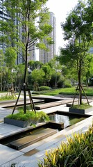 An urban oasis framed by modern high-rises, featuring young trees, reflective water features, and structured garden beds in a contemporary park.