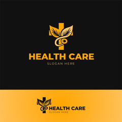Cross with bio leaves health logo design for business minimal 2D 