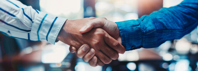 Close-Up Handshake Between Two Individuals in a Professional Setting - obrazy, fototapety, plakaty