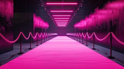 Fashion runway with a pink carpet and black velvet ropes - obrazy, fototapety, plakaty