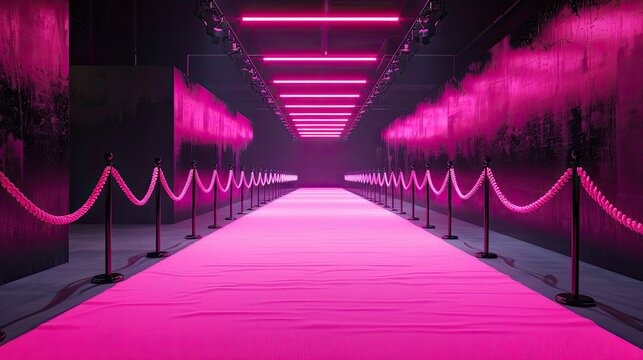 Fashion runway with a pink carpet and black velvet ropes