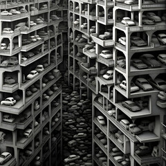 3D rendering of a lot of shoes on shelves in a store