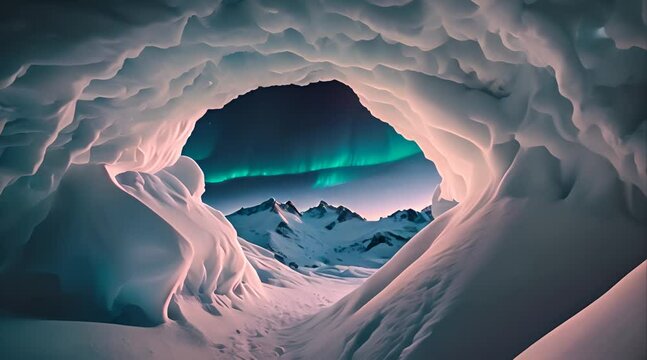 Snow Cave Mouth with Stunning Aurora Night Footage
