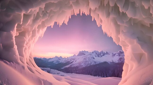 Close-Up Cinematic Snow Cave Mouth with Sunrise Icebergs