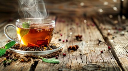 Steaming Herbal Tea with Loose Leaves on Rustic Table - obrazy, fototapety, plakaty