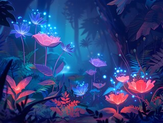 Bioluminescent Flora Aglow in an Enchanted Jungle Dreamscape with Radiant Organic Illumination