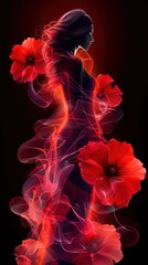 Beautiful woman silhouette with poppy flowers around