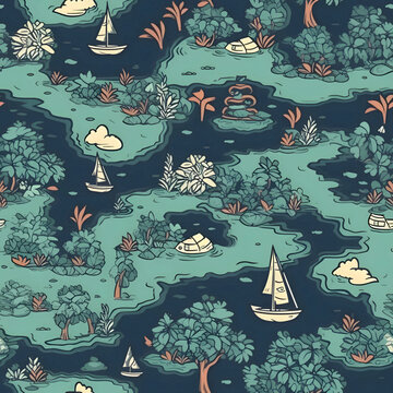 Seamless pattern with the image of the island and the sea.