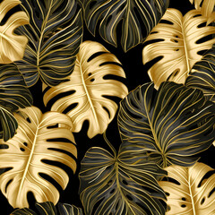 Seamless pattern with tropical monsters leaves on black background. Vector illustration.