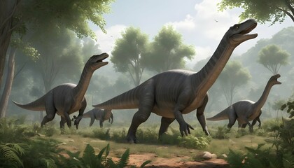 Fototapeta premium Plateosaurus-A-Herd-Of-Plateosaurus-Grazes-On-Low- 2