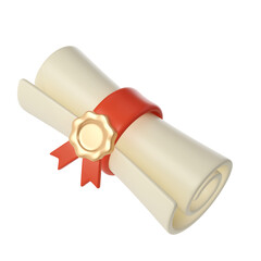 3d illustration of Degree Diploma or graduate scroll with red ribbon Icon. Render Education paper element for decoration poster, banner