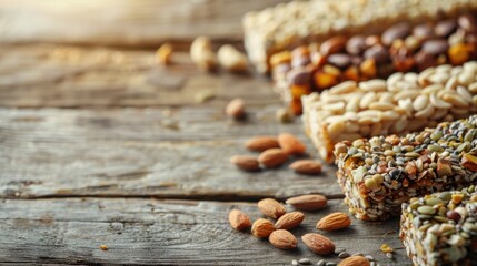 Protein Bars with Nuts and Seeds on Rustic Wooden Table