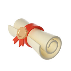 3d illustration of Degree Diploma or graduation scroll with red ribbon Icon. Render Education paper element for decoration poster, banner