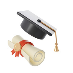 3d illustration of Degree Diploma or graduation scroll with red ribbon and university or college black cap graduate Icon. Render Education paper element for decoration poster, banner