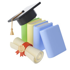 3D Closed Books, Diploma scroll and university or college black cap graduate Icon. Render Education or Business Literature. E-book, Encyclopedia, Textbook Illustration