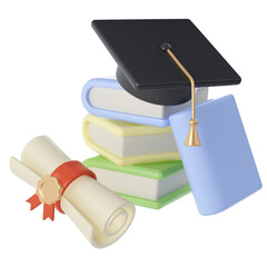 3D Stack of Closed Books, Diploma scroll and university or college black cap graduate Icon. Render Education or Business Literature. E-book, Encyclopedia, Textbook Illustration