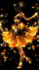 Beautiful abstract dancing woman silhouette with flowers and shines