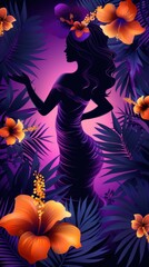 Beautiful woman silhouette with tropical flowers around