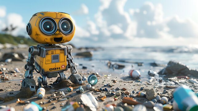 A cute smiling little robot collecting garbage on a beach on a sunny day
