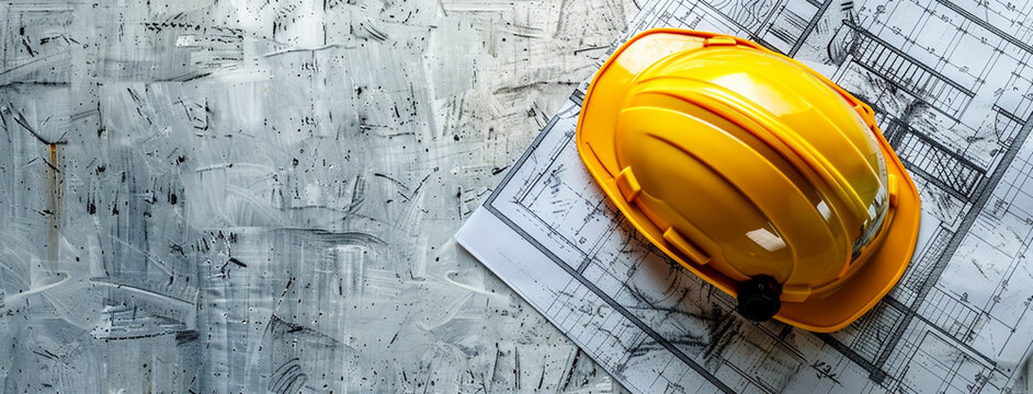 Arial view photo of a contractors table with yellow color safety helmet and construction drawing blueprint on a concrete table