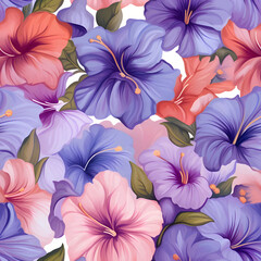 Seamless pattern with colorful hibiscus flowers. Vector illustration.