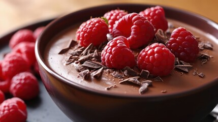 composition of a rich chocolate mousse pudding adorned with fresh raspberries
