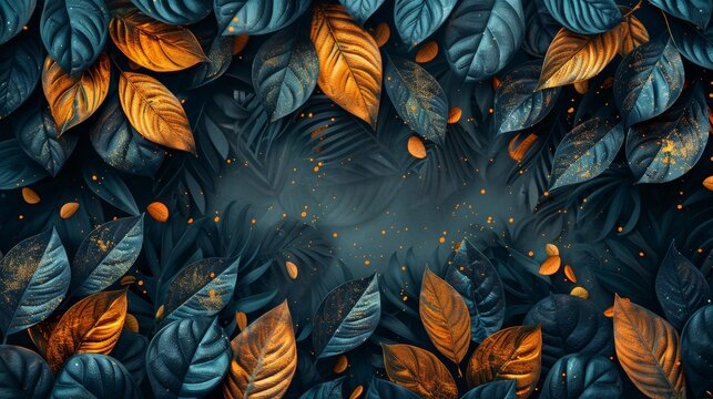 This luxury gold wallpaper design features a black and gold background with tropical leaves featuring dark blue and green colors, with a shiny golden light texture. This is a modern art mural