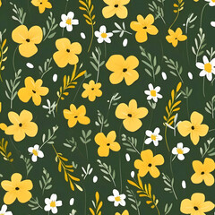 Seamless pattern with yellow flowers and leaves on dark green background.