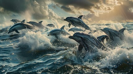 Dolphins leaping through the fluid water under a cloudy sky