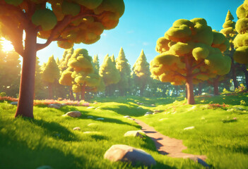Cartoon forest glade background, foreground clearing of grass, sunny, casual, cinematic, 3d render