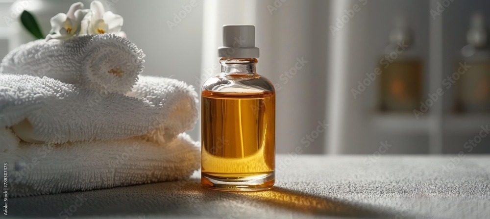 Poster tranquil spa setting with aromatherapy essentials displayed on sophisticated grey table