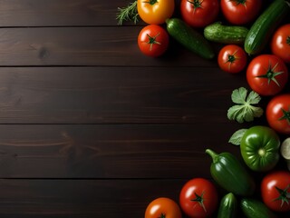 : Dark wooden tabletop. There are red tomatoes, green cucumbers and peppers, and herbs on it. Free and empty space in the center, advertising concept, food marketing background