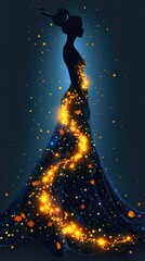 Beautiful abstract woman silhouette in long dress made of flowers and shines