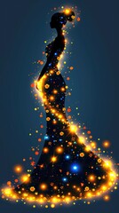 Beautiful abstract woman silhouette in long dress made of lights and shines