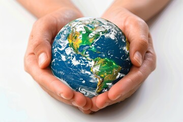 Hands cradle miniature Earth on vivid white background. Observing World Earth Day. AI Image