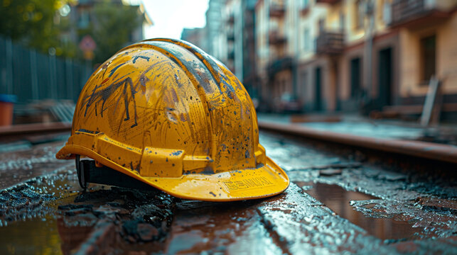 flat lay photo of a contractors table with yellow color hard used safety helmet and construction drawing blueprint on a table