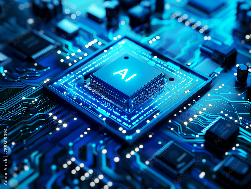 Poster a computer motherboard with a state-of-the-art ai processor. ai generative.
