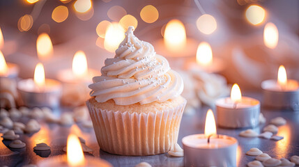 Obraz na płótnie Canvas A picture of a single cupcake surrounded by candles, creating a serene scene perfect for meditation or relaxation