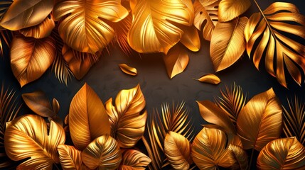 Modern illustration of luxury golden leaf wallpaper. Floral pattern with tropical plant line art on trendy color background.