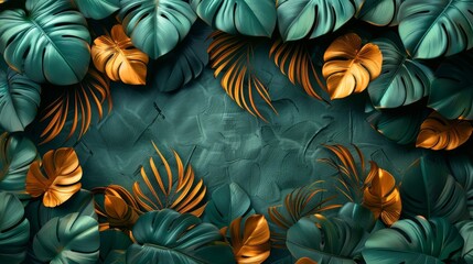 The golden art deco wallpaper has a golden split-leaf philodendron plant with a monstera plant line art on a green emerald color background. - obrazy, fototapety, plakaty