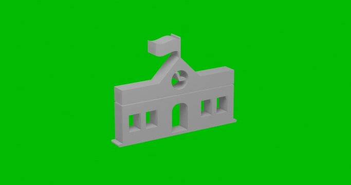 Animation of rotation of a white school building symbol with shadow. Simple and complex rotation. Seamless looped 4k animation on green chroma key background