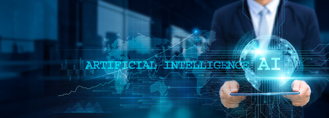 Artificial intelligence, and data analytics are essential components, Businessman use tablet and...