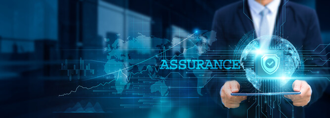 Assurance, seamless connectivity, Businessman use tablet and collaborate with structure of secure...
