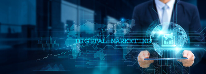 Digital Marketing, Businessman use tablet and leverage data analytics with the structure of online platforms on networks for futuristic advertising, branding, and customer engagement development.