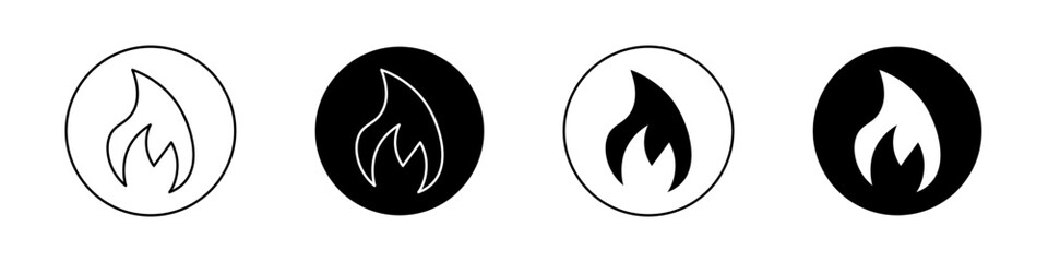 Flame icon set. heat sign. fire burn vector symbol in black filled and outlined style. - obrazy, fototapety, plakaty