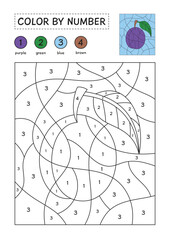 Coloring page with a picture of a plum to color by numbers. Puzzle game for children education. Simple coloring for kids