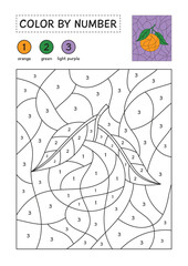 Coloring page with a picture of an orange to color by numbers. Puzzle game for children education. Simple coloring for kids